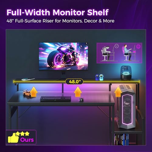AODK 48 Inch Gaming Desk with LED Lights, Computer Desk with Storage Shelves, Reversible Desk with Monitor Stand, Carbon Fiber Black