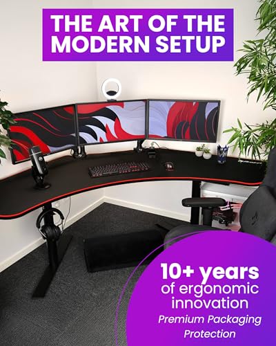 Arozzi Arena Angelo L Shaped GamingDesk, PC GamingDesk L Shape, Height Adjustable L Shaped Standing Desk for Home Office, with Full Coverage Mouse Pad (Black)