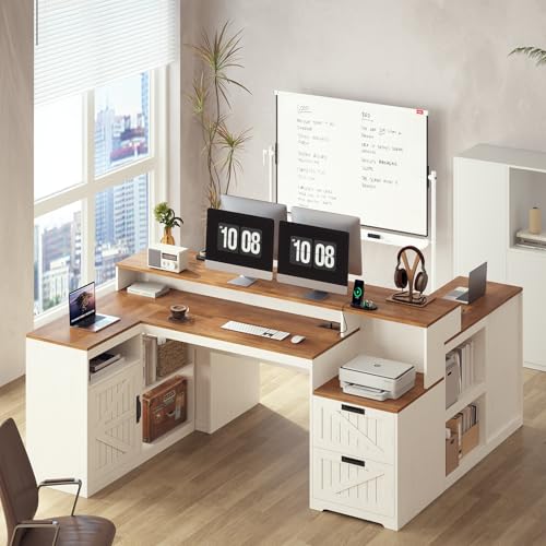 TVU Farmhouse L Shaped Desk with Drawers, 62.2" Home Office Desk with Storage Shelves and Power Outlet, L Shaped Computer Desk with Monitor Stand and Printer Shelf, Brown and White