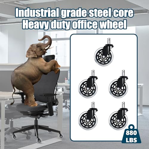 3 Inch Office Chair Wheels Set of 5, Heavy Duty PU Silent Chair Casters 880LBS Load Bearing, Universal 11mm Stem Replacement, Smooth Glide Floor Protecting for Home Office Gaming Desk Computer Chair
