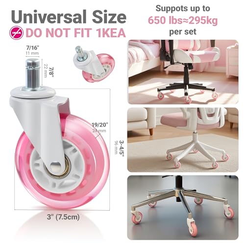 Pink Office Chair Caster Wheels Set of 5, 3 Inch Heavy-Duty Rubber Chair Casters Replacement, Computer Gaming Desk Caster Wheels Smooth Rolling for Hardwood Carpet Tile Floors, 11 * 22mm Universal fit