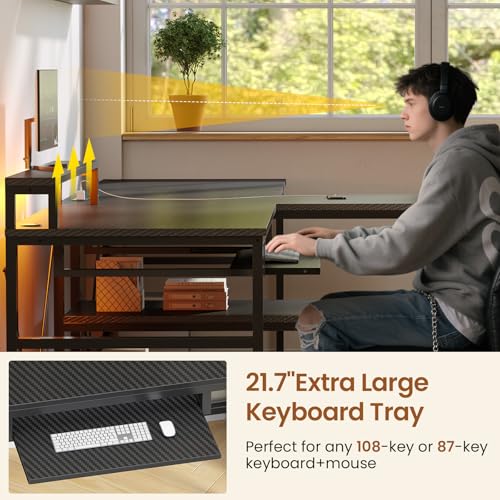 SEDETA 94.5" Gaming Computer Desk, 2 Person Office Desk with Storage, LED Lights, Power Strip, Long Desks with Keyboard Tray & Monitor Stand for Home Office, Carbon Fiber Black