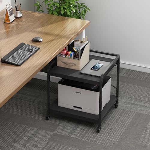 Fannova 2 Tier Under Desk Printer Stand with Storage, 20 Inches Deep Large Printer Table with Height Adjustable Shelf, Rolling Printer Cart with Wheels for Home Office - Black