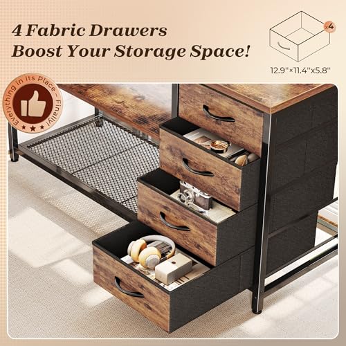 PRAISUN 61" L Shaped Desk with Power Outlets and USB-C Port, Reversible Computer Corner Office Desk with 4 Fabric Drawers and 2 Height-Adjustable Shelves, Large for Gaming Writing Study, Rustic Brown
