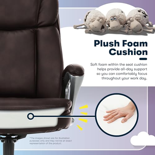 Serta Fairbanks Big and Tall Executive Office Chair - Ergonomic High Back Computer DeskChair with Lumbar Support, Memory Foam Seat Cushion, Padded Armrests, Bonded Leather, 350 lb Capacity - Brown