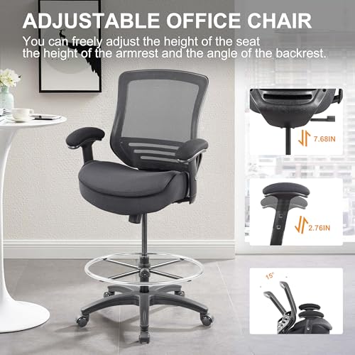 WITTLONG 400lbs Office Drafting Chair Wide Dual Seat Cushion for High Standing Desk with Lumbar Support and Enlarged Adjustable Footrest-Black