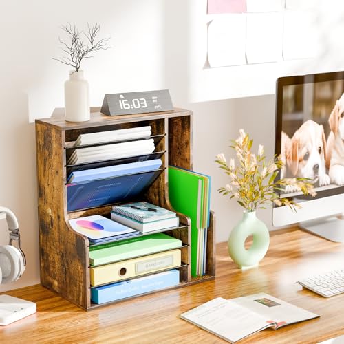 Simple Trending 7 Tier Desk File Organizer, Wooden Letter Tray Paper Organizer with Adjustable File Holder, Mesh Desktop Organizer and Storage for Office Supplies