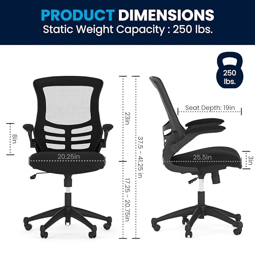 Flash Furniture Kelista Mid-Back Swivel Office Chair with Adjustable Seat Height, Ergonomic Mesh Desk Chair with Flip-Up Armrests, Black