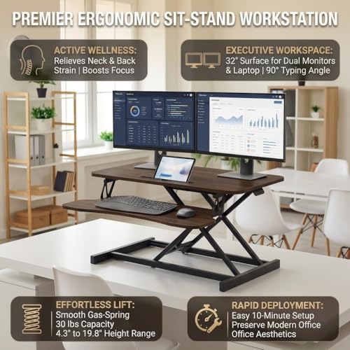 VENLUSUIR Standing Desk Converter 32" - Sit to Stand Desk Converter for Dual Monitors - Height Adjustable Desk Riser for Standing - Home Office & Corporate Use - Relieve Back Pain(Walnut)