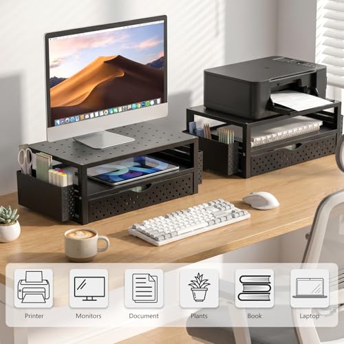 WALI Monitor Stand Riser with Drawer and 2 Pen Holders, Desk Organizers and Accessories for Computer, Printer, Laptop Stand for Home Office Supplies, (PTT004-B), 1 Pack, Black