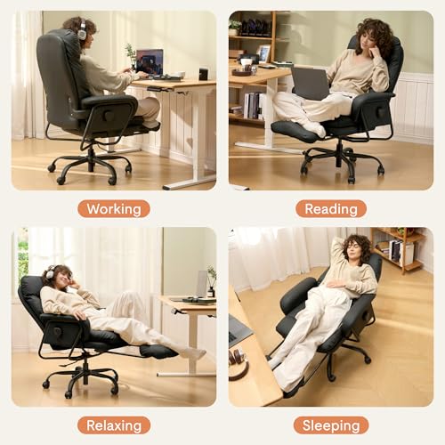 FLEXISPOT Multi-Task Ergonomic Office Chair with Footrest Computer Desk Chairs Indoor Lounge Chair with 90-165° 4-Level Reclining, Chairs for Working Relaxing Sleeping, PU Leather+Iron Base, Black