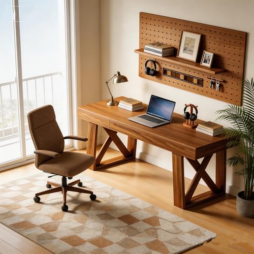 Tribesigns 55 Inch Walnut Computer Desk with Drawer, Mid-Century Farmhouse Executive Desk, Rustic Wide Desktop Home Office Desk for Workstation