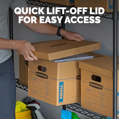 Bankers Box Small Classic Moving Box 10 Pack, Reinforced Handles, Tape-Free Assembly, Box with Lid, 15" x 12" x 10", Cardboard