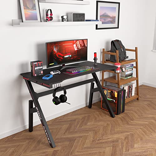 BestOffice | 47" Gaming Desk | Red | Carbon Fiber Textured Computer Desk | Sturdy Steel Frame, Cup Holder, Headphone Hook, Cable Management Holes, Adjustable Leg Pads | for Gamers, Home, Office