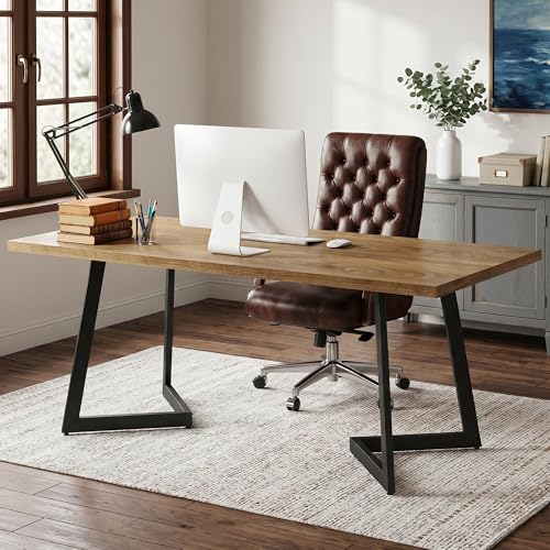 Tribesigns 62.2-Inch Industrial Executive Desk, Simple Modern Home Office Computer Desk with Sturdy Metal V-Shaped Legs, Large Study Writing Table Business Workstation, Easy Assembly (Brown+Black)