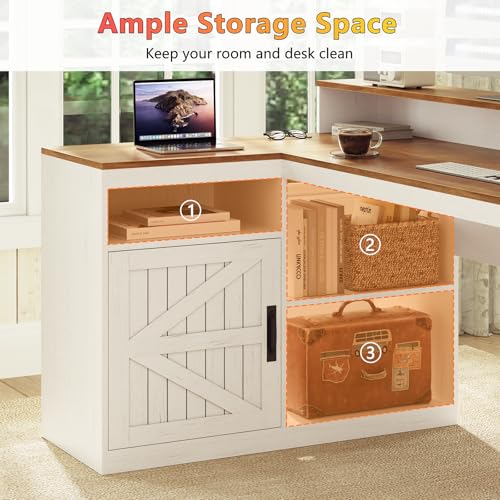 TVU Farmhouse L Shaped Desk with Drawers, 62.2" Home Office Desk with Storage Shelves and Power Outlet, L Shaped Computer Desk with Monitor Stand and Printer Shelf, Brown and White