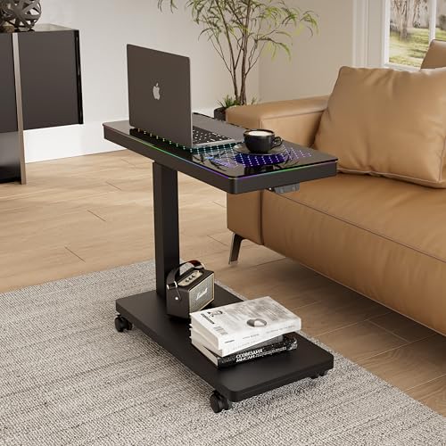 EUREKA ERGONOMIC Height Adjustable Computer Tower Stand, Illuminated Glass Panel PC Stand w/RGB Lights, 2-Tier CPU Holder Cart Under Desk, PC Floor Stand for Office Gaming, APP Control