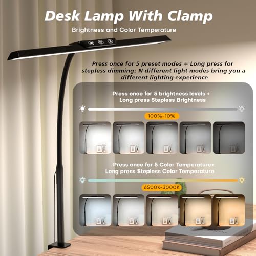 LED Desk Lamp for Office Home, Stepless Dimming Architect Desk Light with DC Adapter, Eye-Caring Desk Lamp with Clamp, 25 Lighting Modes Adjustable 12.8in Flexible Gooseneck for Workbench, Drafting