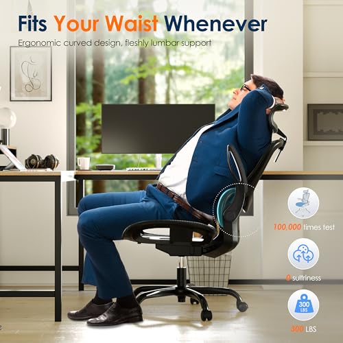 GABRYLLY Ergonomic Mesh Office Chair, Adjustable Home Desk Chair with Folding Armrest, 2D Headrest, Soft Seat and PU Wheel, Black Swivel Task Chair for Office, Business, Student (GY1108)