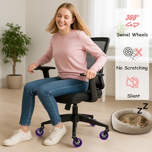3” Office Chair Wheels Set of 5, 11x22mm Heavy Duty Chair Casters for Hardwood Floor, Smooth Rolling Rubber Caster Wheels Replacement Fits 98% Gaming Chair, Purple