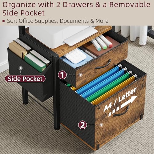 HIGDBFE File Cabinet with 2-Tier Shelf, Letter Size Drawer Filing Cabinet with Reversible Side Bag, Vertical Office Cabinet Printer Stand with Storage for Home Office, Rustic Brown, 16.5" W