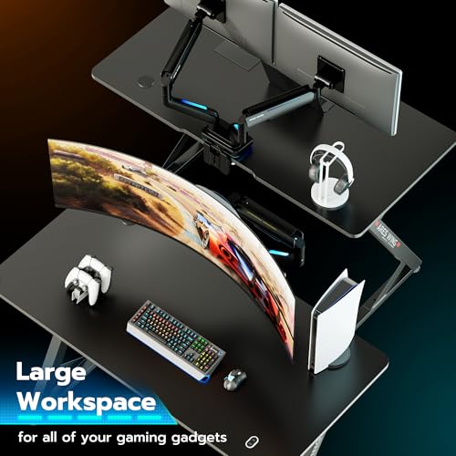 ARES WING Gaming Desk RGB 47 Inch - Z Shaped Gaming Table with LED Light and DIY Control Cable, Computer Desks for Home and Office, Black
