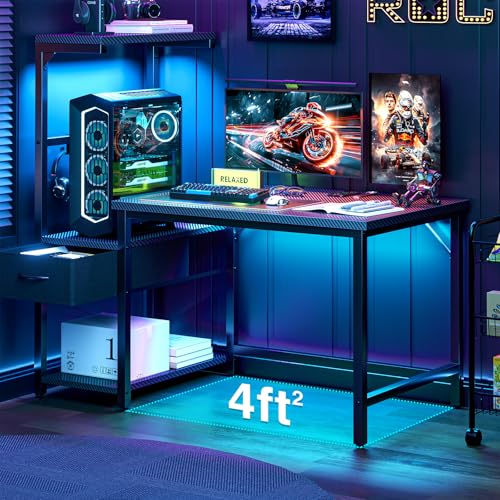Grandder Gaming Desk 41 Inch with CPU Stand and LED Light, Computer Desk with Reversible Shelves and Storage Drawer, Pc Small Desk for Home Office Table with Bag, Carbon Fiber Black
