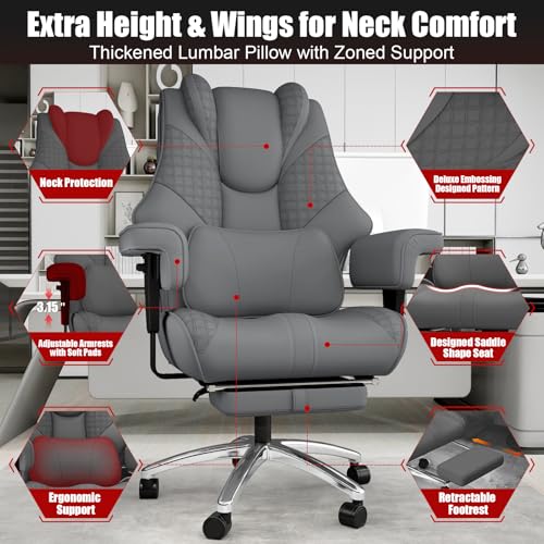 400lbs Big and Tall Office Chair, Wide Ergonomic Leather Executive Chair for Heavy People with Foot Rest, High-Back Reclining Computer Chair with Swivel Wheels and Lumbar Support (Gray)