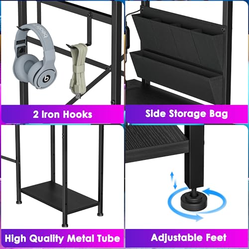 33.7 Inch Small Gaming Desk Table with LED Lights & Power Outlets, Compact L Shaped Gaming Computer Desk with CPU Stand, Drawer & Storage, Corner PC Desk for Kids, Home Office , Bedroom, Black