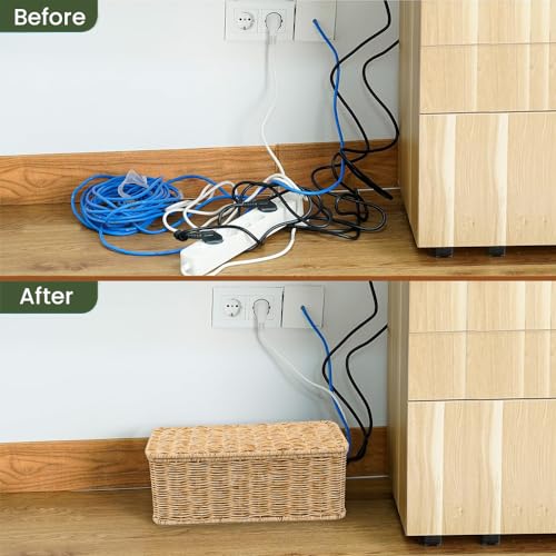 Cable Management Box, Handmade Rattan Cable Organizer with 2 Open Slots, Cord Hider for Power Strip, Router & USB Hub, Registered U.S. Design Patent (D1,112,102), 13" x 5.1" x 5.1", Natural
