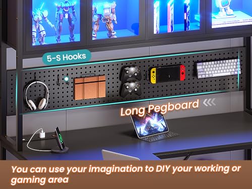 SEDETA L Shaped Gaming Desk with Drawers, L Shaped Computer Desk with Hutch and Storage Shelves, Gaming Desk with Pegboard, Led Lights, and Power Outlet, Home Office Desk, Corner Desk, Black