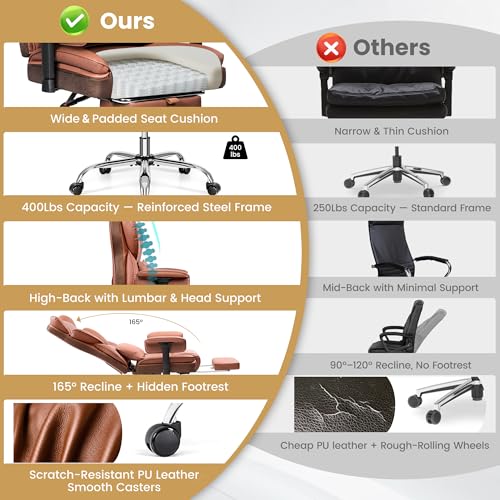 Stella Mia Big & Tall Executive Office Chair 400 LBS, Ergonomic High Back Heavy Duty Computer Chair with Retractable Footrest and Wide Seat, for Heavy People, Brown