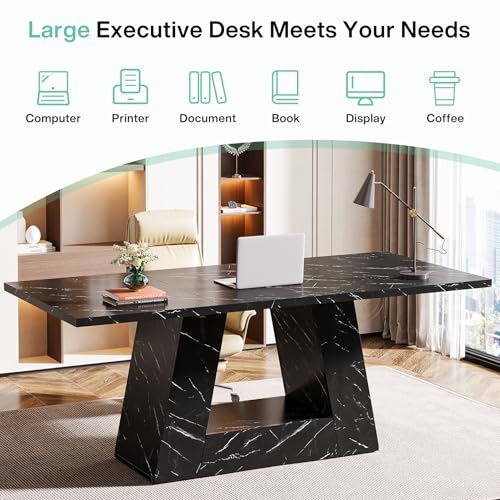 Tribesigns Modern Executive Desk, 63-Inch Large Office Desk Workstation, Simple Style Computer Desk Study Table with Sturdy Base, Wooden Faux Marble Writing Desk for Home Office, Black