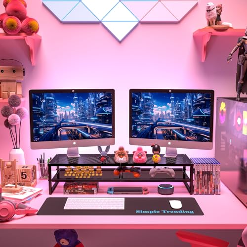 Simple Trending 2 Tier Metal Dual Monitor Stand Riser with 32"x10" Mouse Pad, Computer Desk Organizer for 2 Monitors, Laptop, Printer, TV, Black