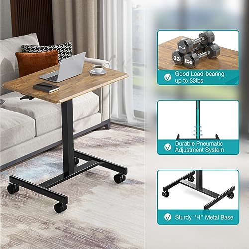 DUMOS Small Standing Desk Mobile Portable Rolling Laptop PC Table on Wheels Adjustable Height Computer Workstation for Home Office, 19 Inch, Modern Brown