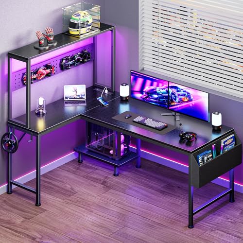PRAISUN 51.2" L Shaped Gaming Desk with Power Outlets & USB-C Port, LED Lights, Computer Desk with Pegboard, Corner Desk with Storage Shelves & Bag, Office Desk with CPU Stand for Home Office, Black