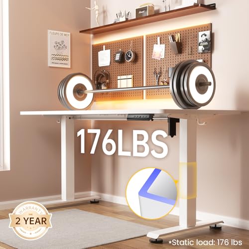 Veken 55 Inch Large Electric Standing Desk,Sit to Stand Up, Heights Adjustable, Work Home Office Computer Table for Study, Walking Pad, Writing, and Games, Wooden Desktop Desks, White
