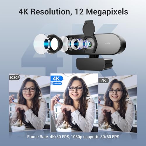 N newline 4K Webcam for PC with PDAF Autofocus, Privacy Cover, Dual Microphones, 4K@30FPS & 1080P@60FPS, Auto Light Correction, Plug & Play USB Camera for Laptop, Mac & Desktop, Streaming