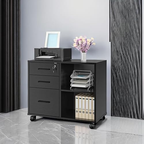Panana 3 Drawer Office File Cabinets, Mobile Lateral Printer Stand with Open Storage Shelf, Rolling Filing Cabinet with Wheels Home Office Organization and Storage (Black)
