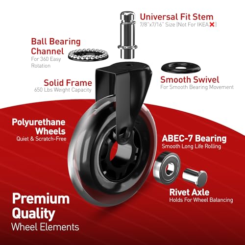 RIVEDA Office Chair Caster Wheels Set of 5 - Smooth 3 inch Heavy-Duty Replacement Rubber Wheels for Gaming & Desk Chair - Easy to Install, Suitable for Hardwood Floors, Carpet, Tiles (Clear)