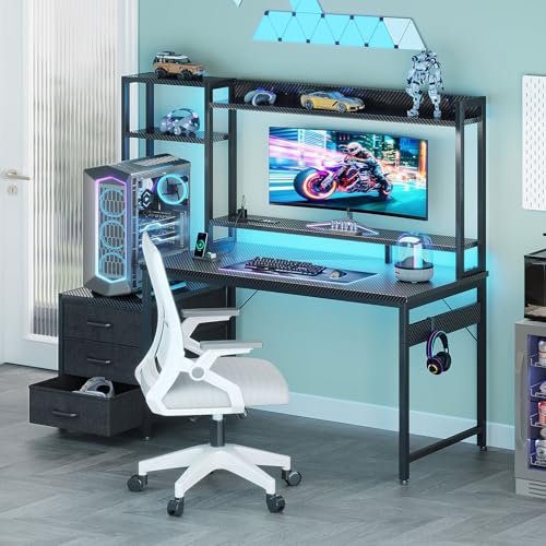 Casaottima 48 Inch Gaming Desk with Hutch & 3 Fabric Drawers, Computer Desk with USB Ports & LED Lights, Reversible Pc Gamer Table with Monitor Stand for Home Office, Carbon Fiber Black