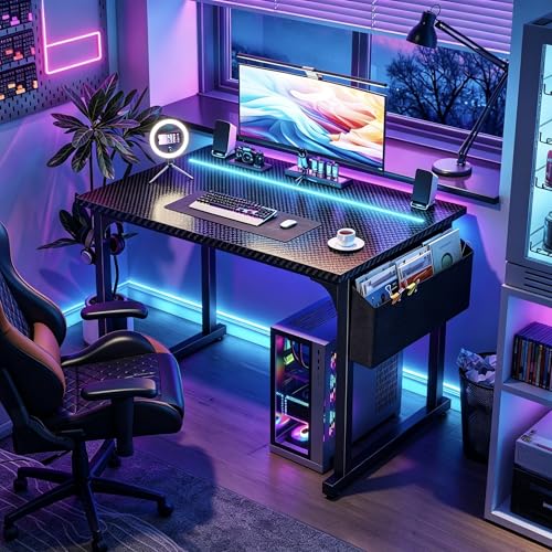 DurayLoly 32" Gaming Desk with Waterproof LED Lights, Carbon Fiber Desktop for Small Spaces | Home Office Study Computer Desk with Storage Bag & Headphone Hook, Black