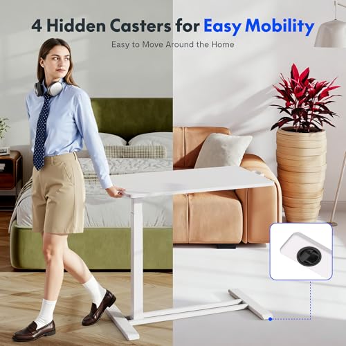 FLEXISPOT H7 Adjustable Overbed Bedside Table with Wheels Pneumatic Mobile Standing Laptop Desk Rolling Computer Cart Movable Overbed Table Hospital Home Use (31.5" W x 17.7" D, White Large)