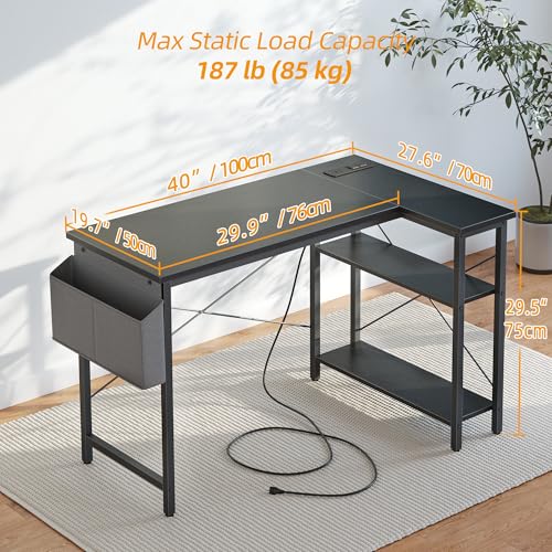 TIQLAB Gaming Desk with Power Outlets - 40 inch L Shaped Computer Desk, Reversible Design Small Corner Desk, Bookshelf Workstation for Work Study Play Home Office, Black