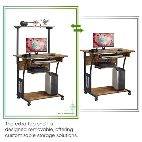 Yaheetech 3 Tiers Rolling Computer Desk with Keyboard Tray and Printer Shelf for Home Office, Mobile Computer Desk for Small Space, Retro Computer Table Compact PC Laptop Workstation, Rustic Brown