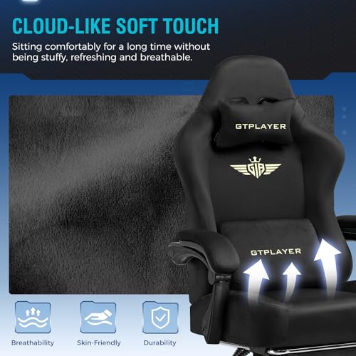 GTPLAYER Big and Tall Gaming Chair Fabric with Pocket Spring Cushion, High Back Ergonomic Computer Chair with Footrest for Adults Lumbar Support Swivel Game Chair for Office Gaming 350LBS, Black