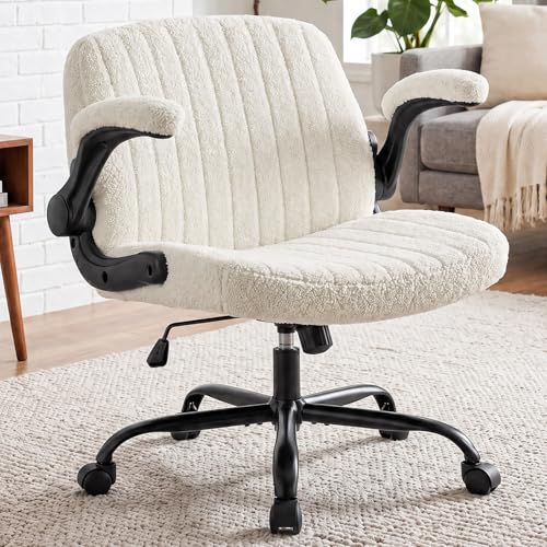 DUMOS Criss Cross Home Office Chair with Wheels, Wide Cross Legged Desk Vanity Chair Comfy Fabric Flip-Up Armrests Adjustable Swivel Chairs for Home Computer Bedroom, Creamy White