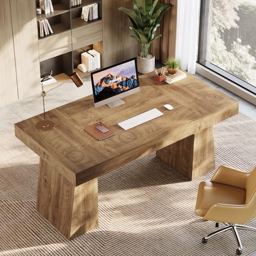 Tribesigns 55-Inch Executive Desk, Thick Wood Office Computer Desk with Double Pedestal, Modern Minimalist Workstations Writing Table Conference Table Furniture for Home Office, Brown