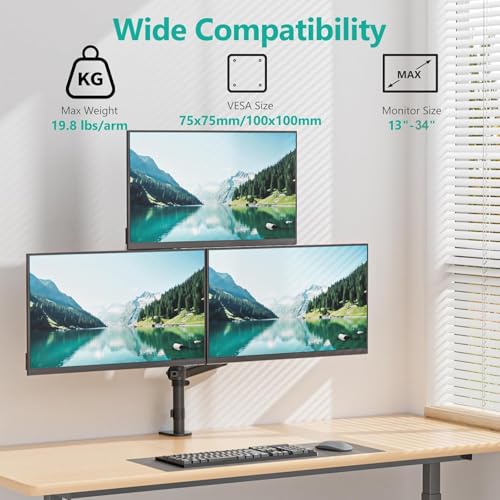 WALI Triple Monitor Mount for 13-34 inch Screens, Full Adjustable 3 Monitors Desk Mount with Clamp & Grommet Base, Triple Monitors Arm, up to 19.8lbs Each, VESA 75x75 100x100 mm (GSDM003XL), Black