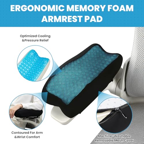 LITTLE SLOW DUCK Gel Memory Foam Armrest Pads, Cooling Chair Cushions with Pressure Relief, Non-Slip for Office, Gaming Chair & Wheelchair, Machine Washable Cover, Universal Fit 2 Pack